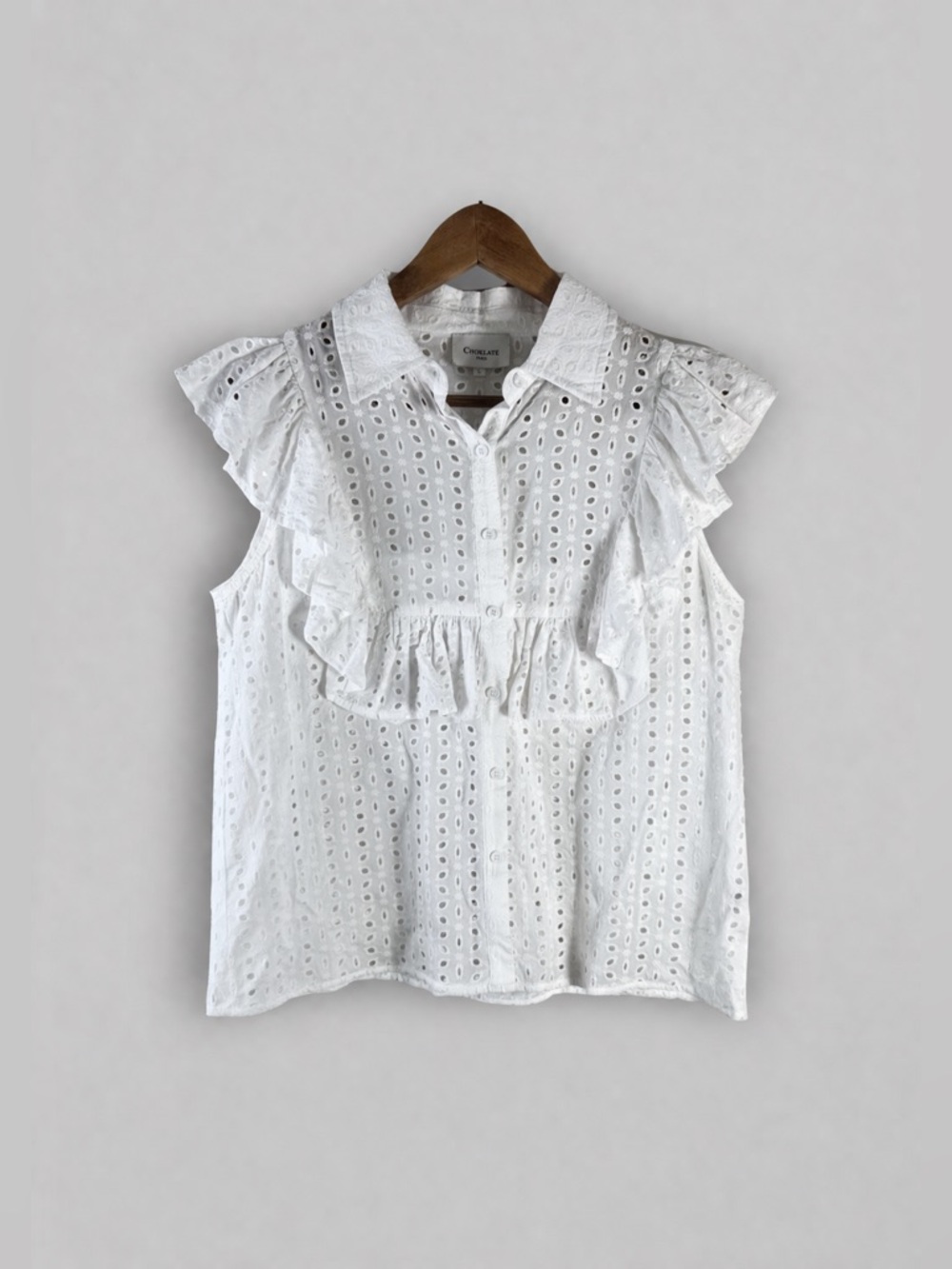 Choklate Paris eyelet ruffle front sleeveless blouse Size Large White Bohemian